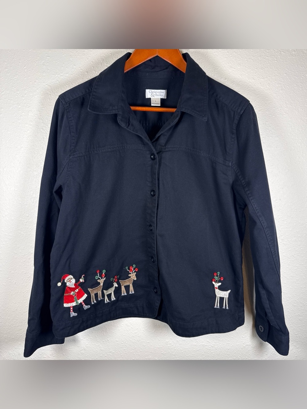 Christopher & Bank Christmas Jacket Black Santa Reindeer Embroidered Holiday L